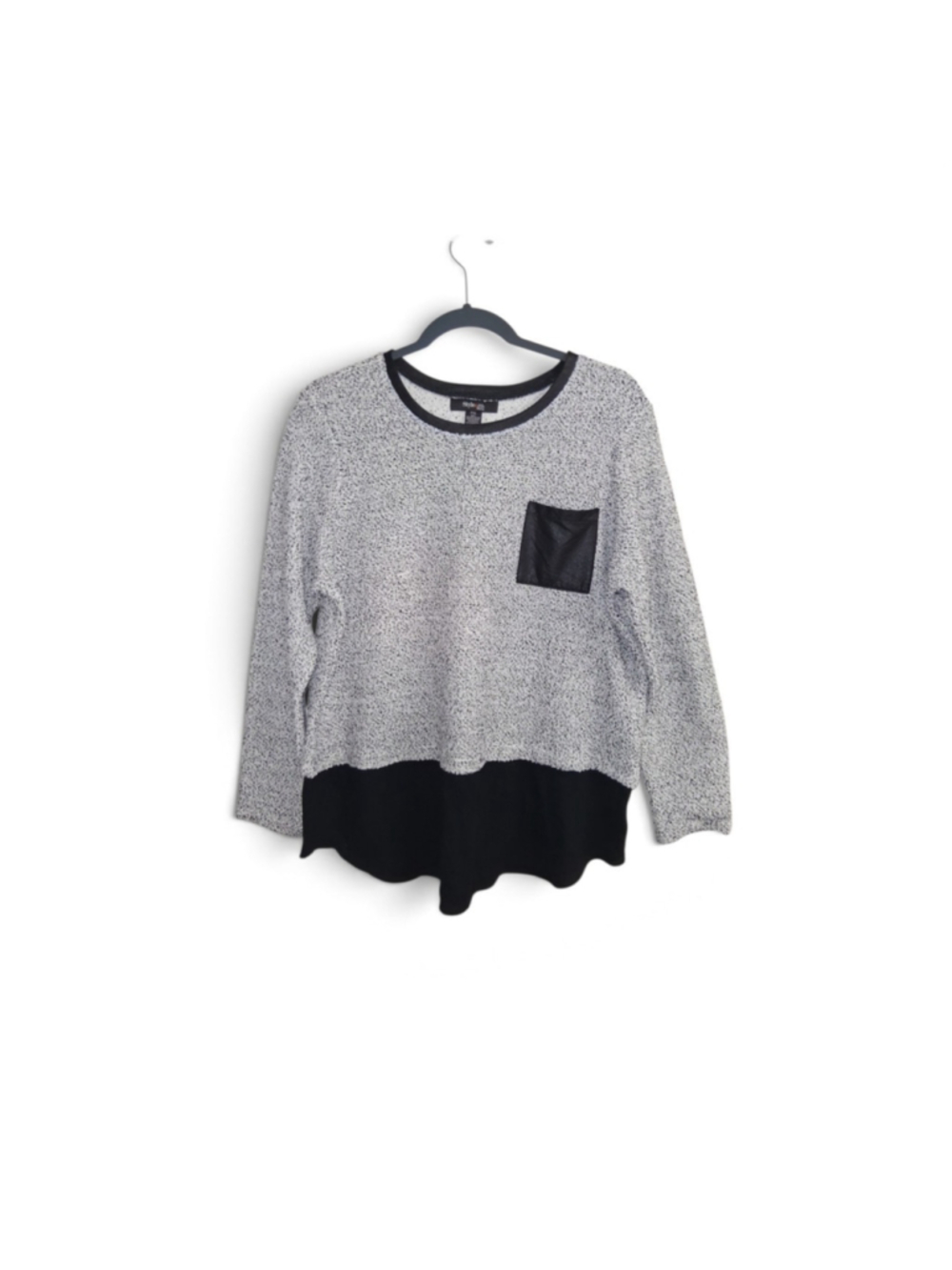 Women's Style & Co. Petite XLP Long Sleeve Tee Grey Black Faux Leather Pocket
